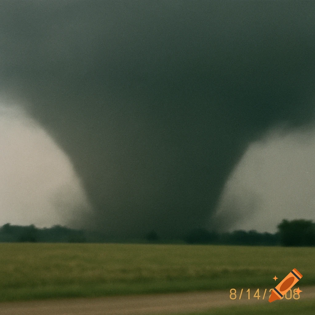 A low-quality, slightly blurred photo of a large, dark wedge tornado over a green field with a distant tree line, dated "8/14/2008".