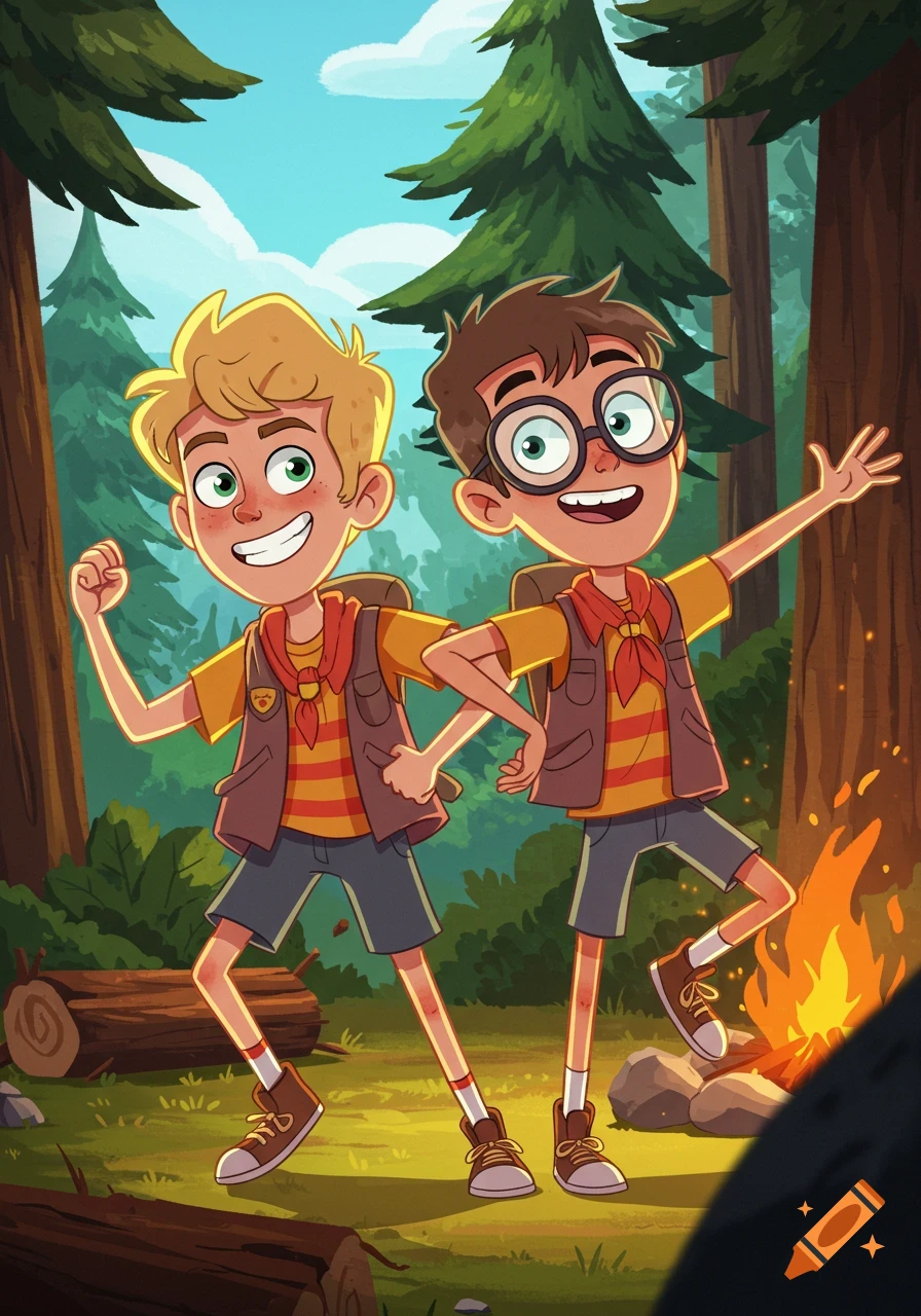 Two cheerful cartoon boys, dressed as campers, pose happily in a vibrant forest with a campfire.