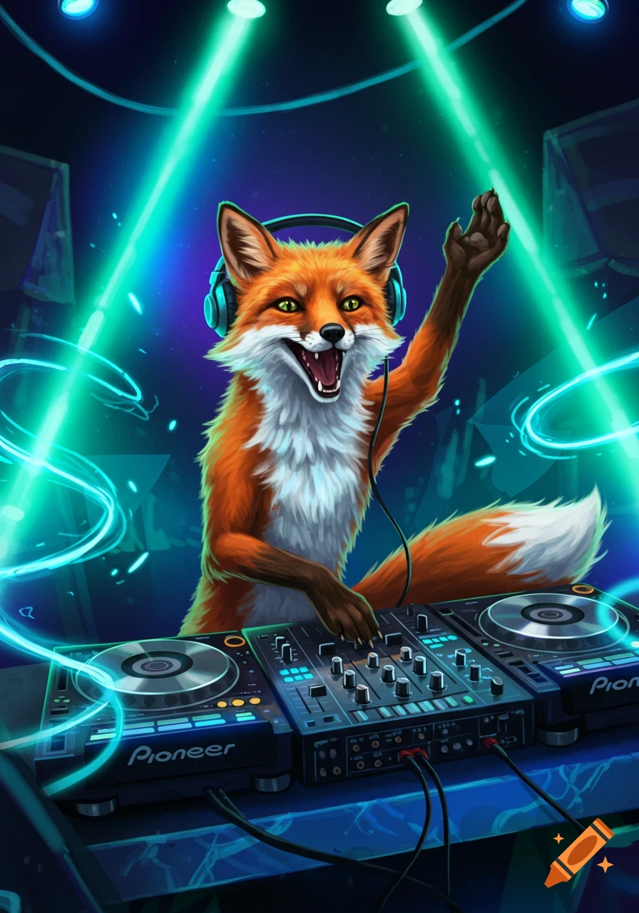 Vibrant illustration of an anthropomorphic fox DJ wearing headphones, grinning while mixing music on a turntable under bright blue and green neon lights.
