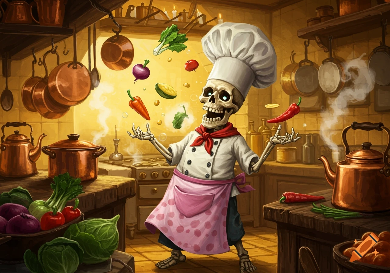 A goofy cartoon skeleton chef in a white toque and apron juggles various vegetables in a rustic, warm-lit kitchen.