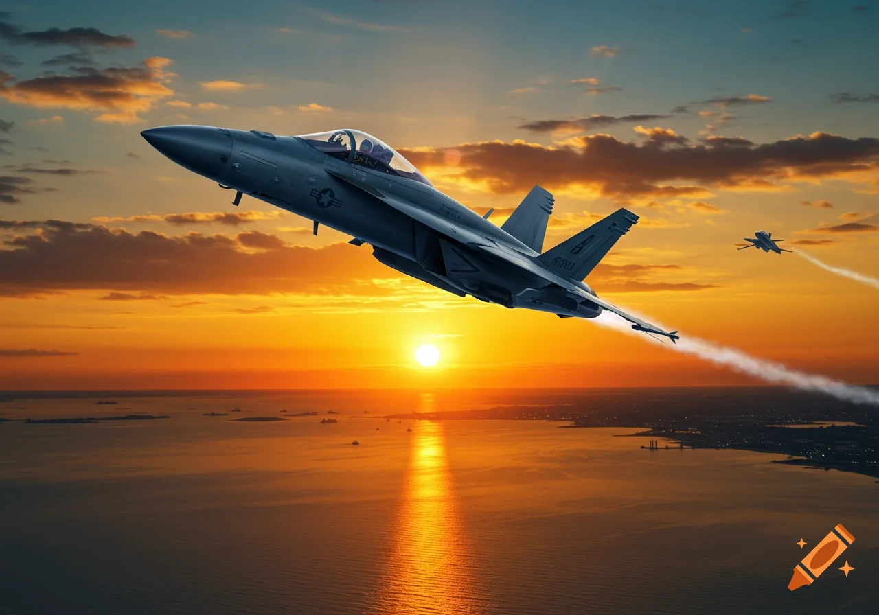 Photorealistic F-18 fighter jet flying over an ocean at sunset, with another jet in the distance.
