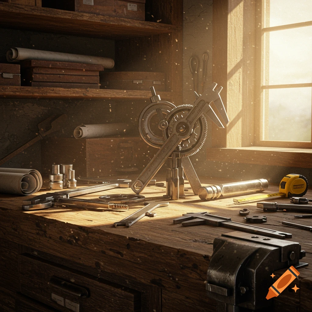 Photorealistic image of a sunlit wooden workbench cluttered with various metal tools, measuring instruments, and rolled blueprints.