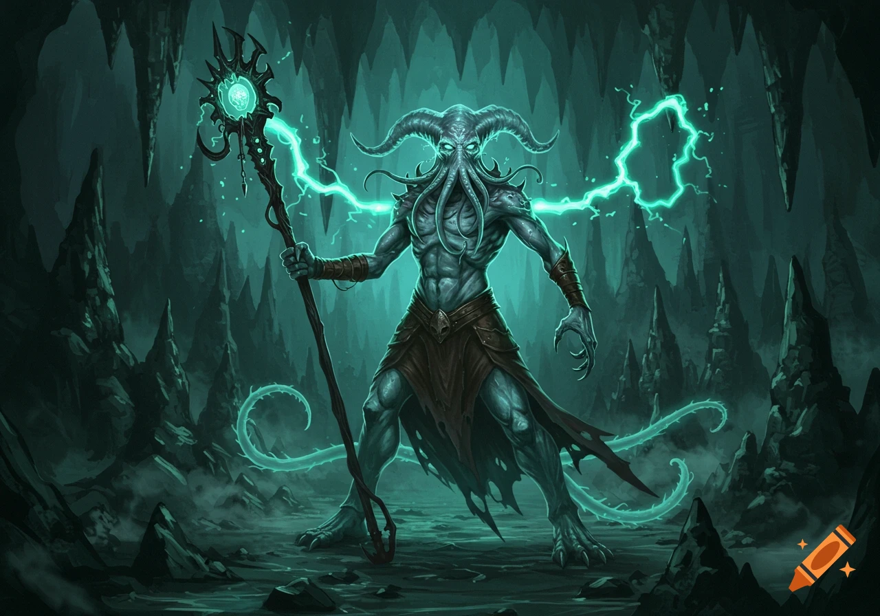 A monstrous, tentacled creature with horns and glowing eyes holds a staff emitting teal lightning in a dark, rocky cave.