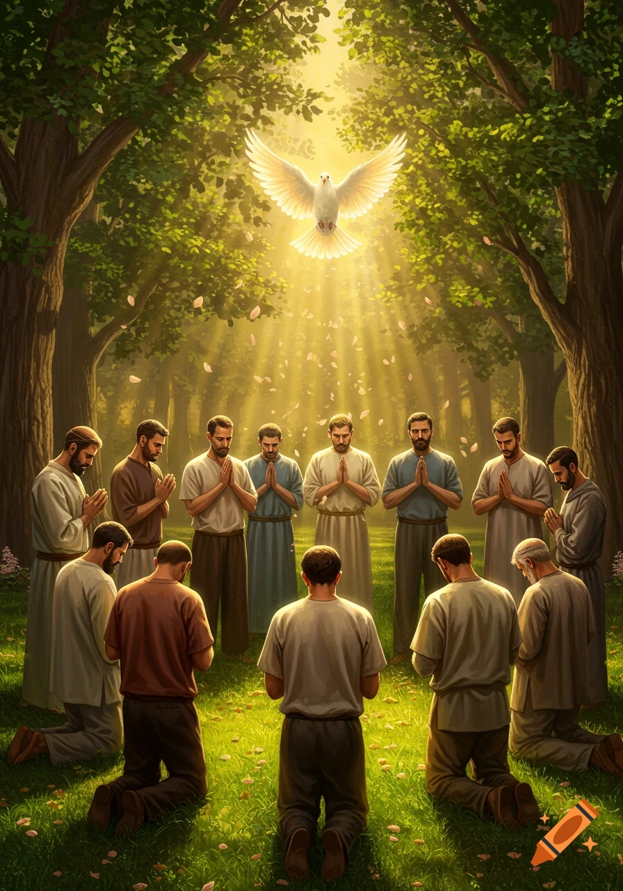 Men praying in a sunlit forest as a white dove descends with beams of light, digital painting.