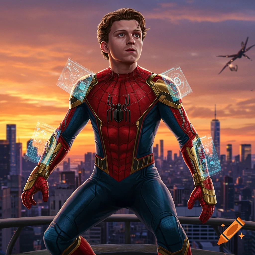 Peter Parker as Spider-Man in an advanced, Iron Man-inspired suit with holographic displays, overlooking a city at sunset.