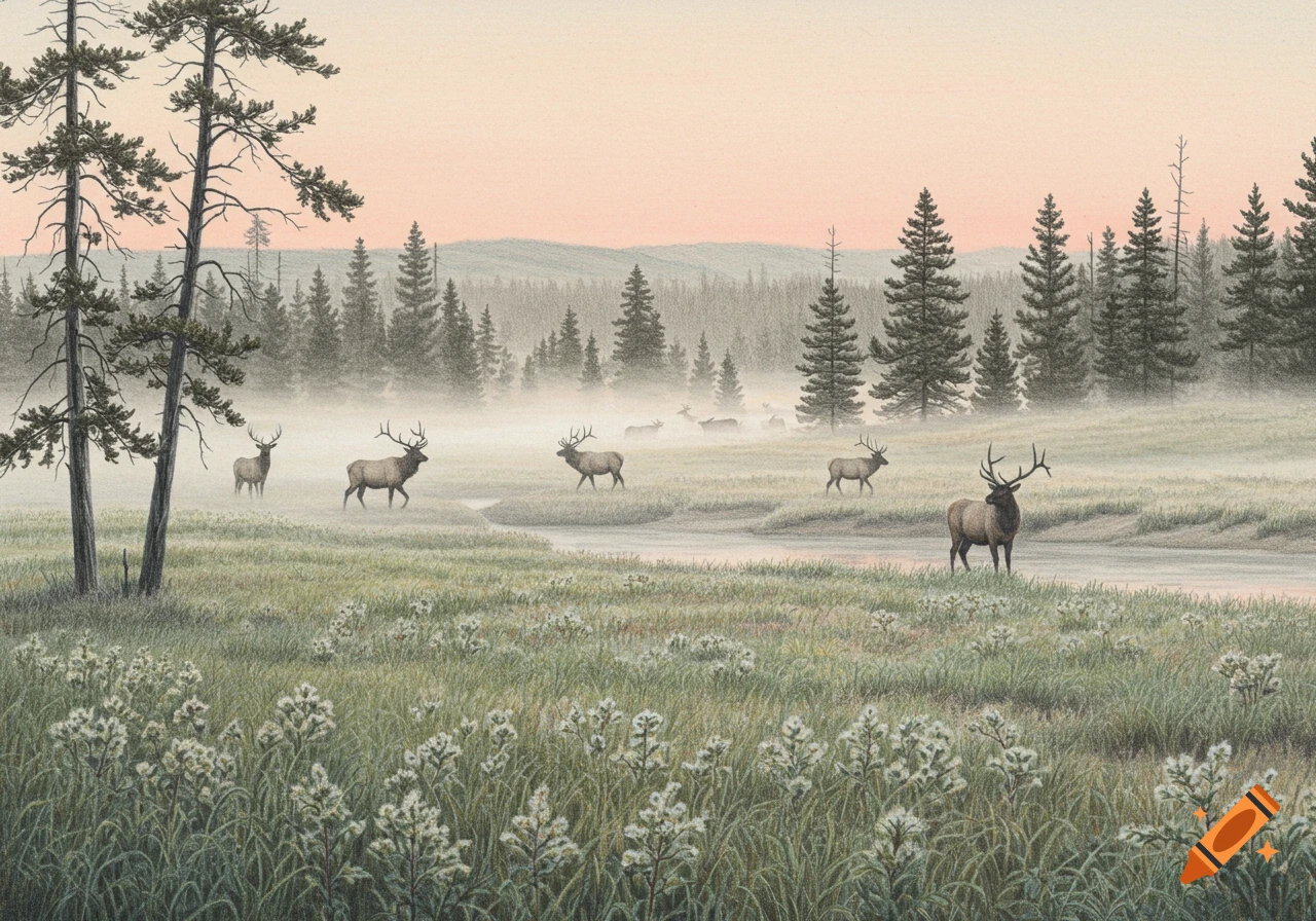 Detailed drawing of elk in a misty valley with pine forests and a stream under a pink sky.