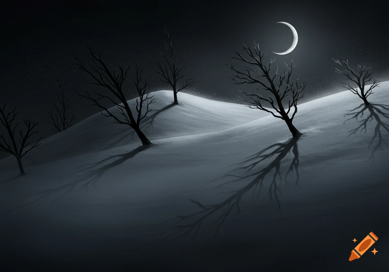 Eerie winter night landscape with bare trees on snowy hills under a crescent moon.