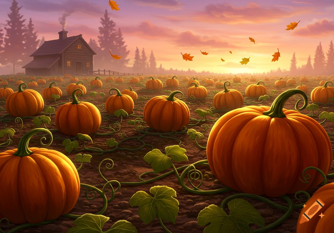 A vibrant pumpkin patch with a rustic farmhouse under a beautiful sunset sky and falling autumn leaves.