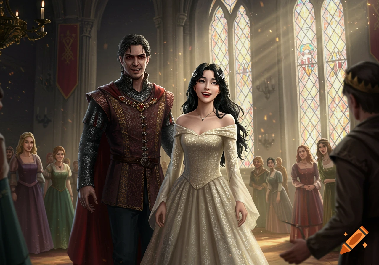 A sinister man and a happy woman in an ivory wedding gown walk through an elegant castle ballroom filled with sunlight and onlookers.