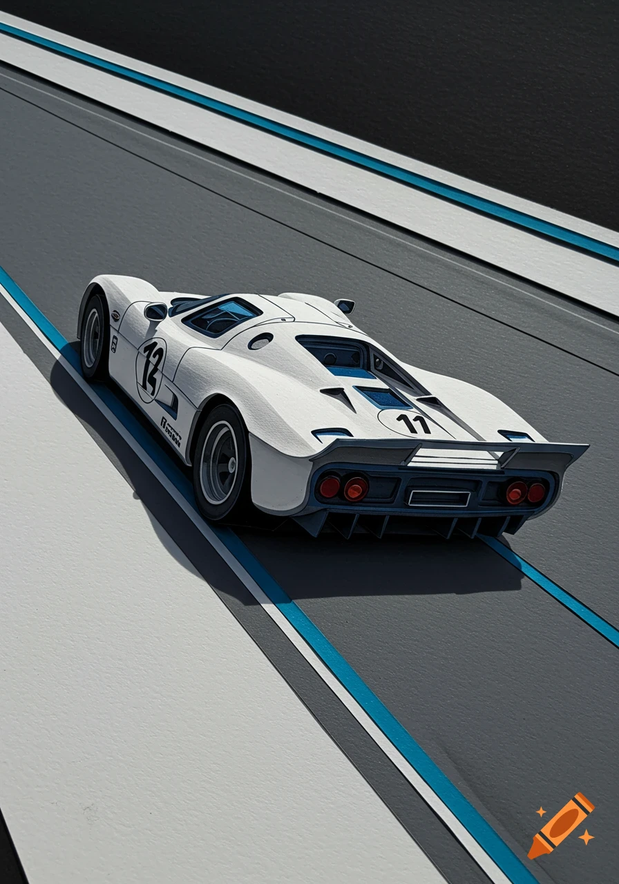 White paper cutout race car, number 12, on a gray and white track with blue stripes, viewed from above and behind.