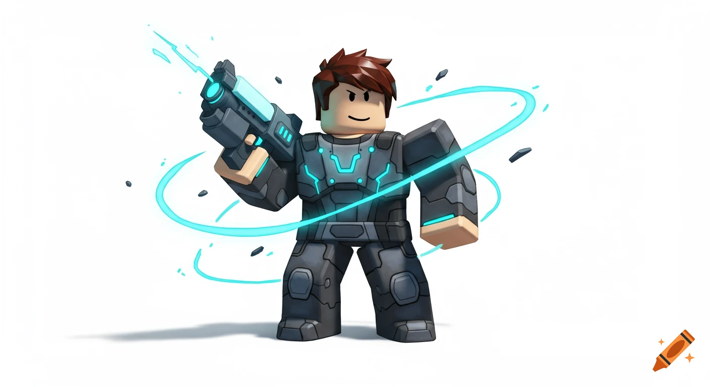 Roblox character in futuristic suit with glowing accents holding a glowing gun, on a white background with energy trails.