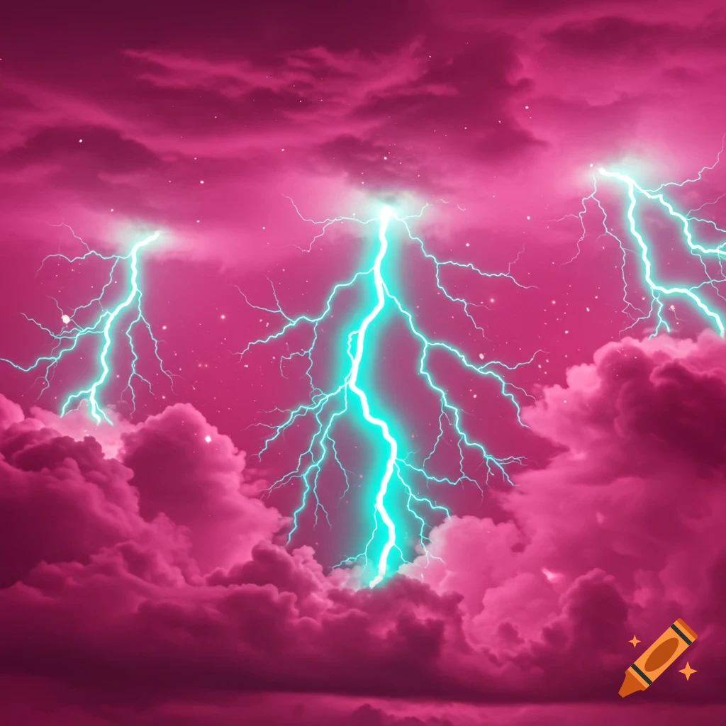 Teal lightning strikes through a vibrant pink sky filled with clouds, creating a dramatic and colorful weather scene.