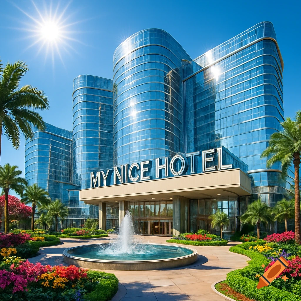 A modern glass hotel with a 'MY NICE HOTEL' sign, surrounded by colorful gardens and a fountain under a sunny blue sky.