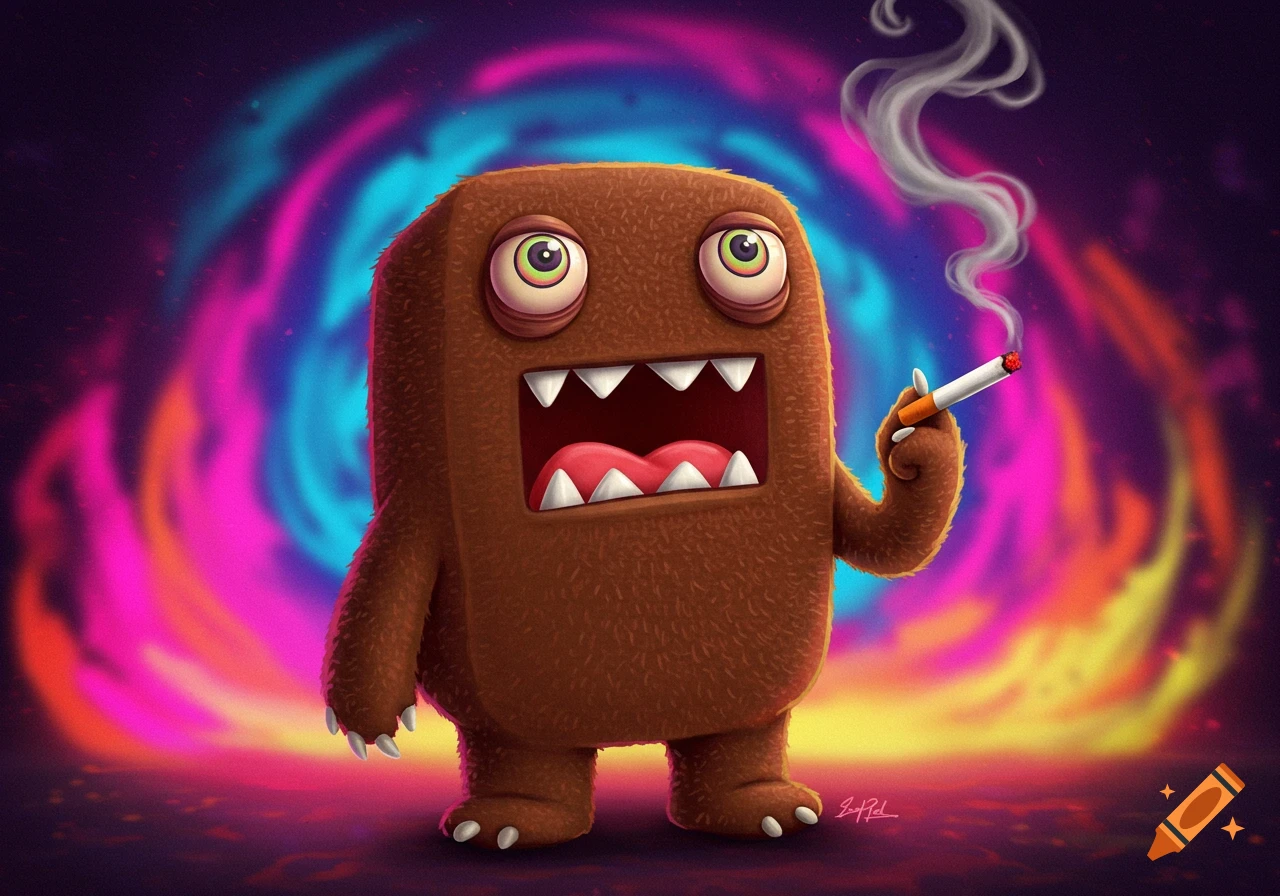 A brown furry Domo-kun character with wide, red-rimmed eyes holds a lit cigarette, smoke rising, against a vibrant psychedelic background.