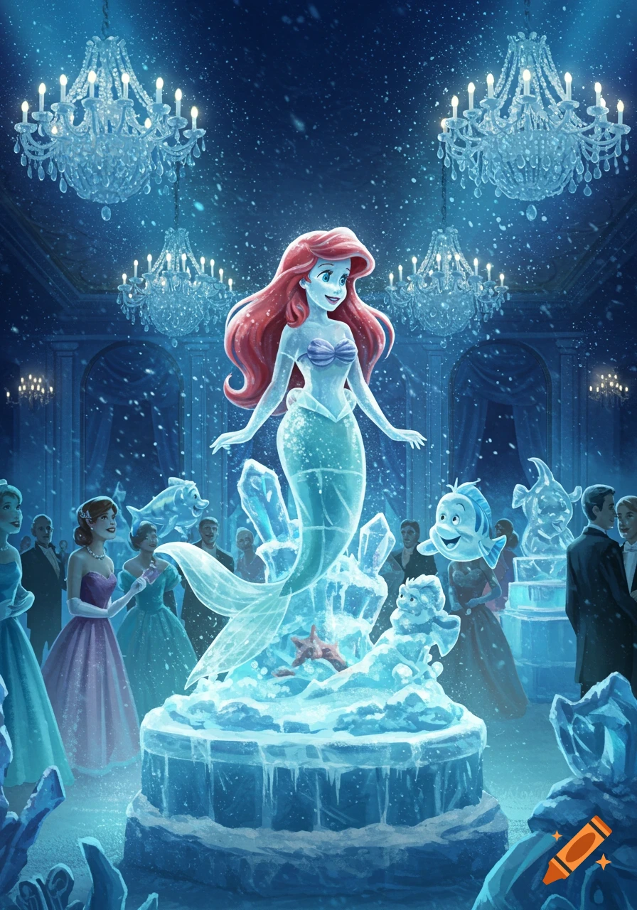 Illustrated Ariel as a glowing ice statue on display at a grand winter gala, with chandeliers and guests.