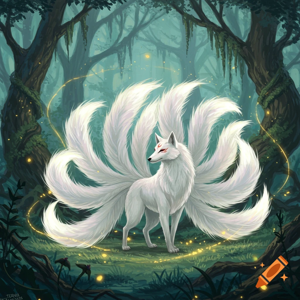 A majestic white nine-tailed kitsune with red markings stands in an enchanted forest filled with glowing particles, in a fantasy art style.