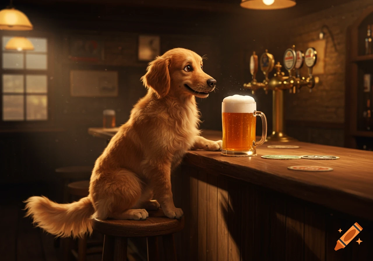 A photorealistic golden retriever dog sits on a stool at a dimly lit wooden bar, looking at a frothy mug of beer.