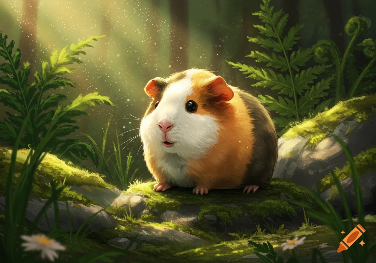 A fluffy, tricolor guinea pig sits on a mossy log in a sunlit, whimsical forest, digital art.