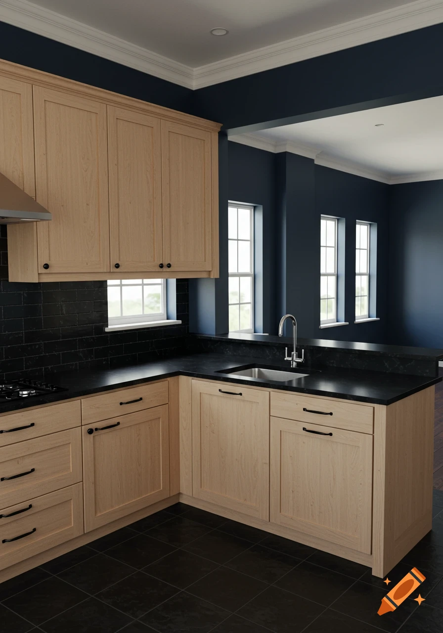 Modern u-shaped kitchen with light wood cabinets, black counters, black tile floor, and navy blue walls in the adjacent living room.