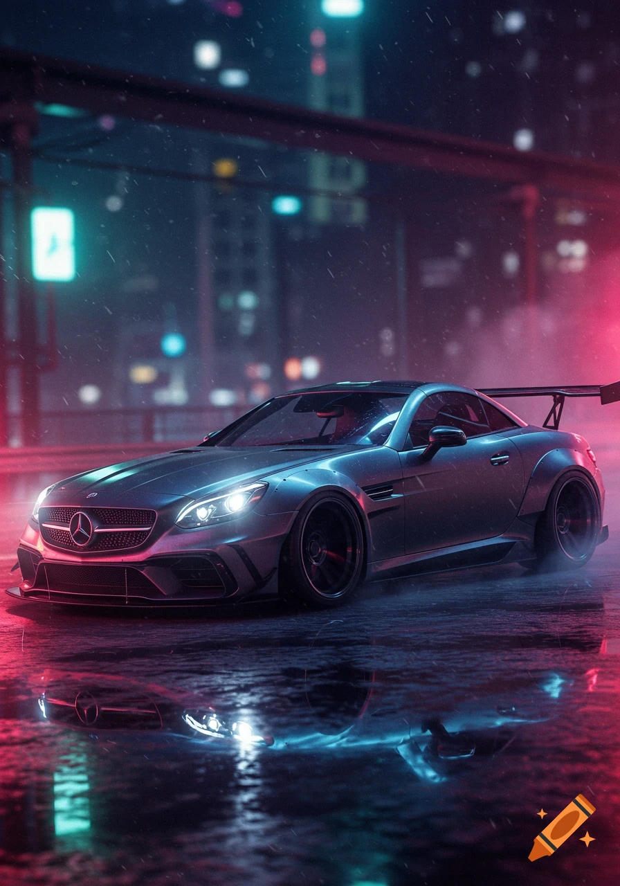 A dark Mercedes SLC wide-body car with bright headlights sits on a wet, neon-lit city street at night, reflecting blue and red light on the pavement.