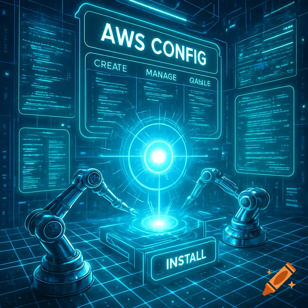 A futuristic digital interface showing 'AWS CONFIG' with glowing elements, robotic arms, and code on a grid background.