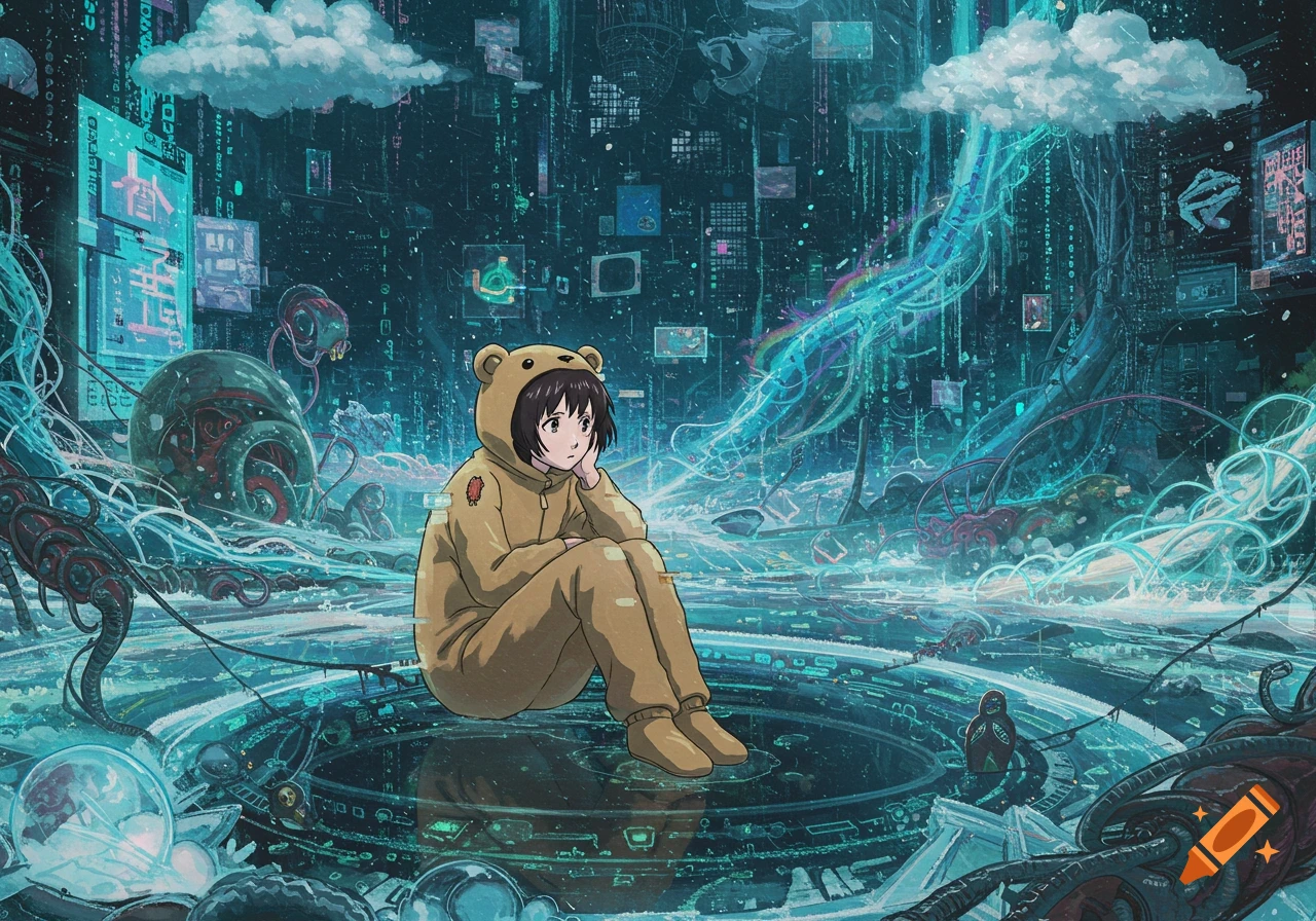 An anime girl in a bear onesie sits thoughtfully in a glowing blue-green surreal cybernetic landscape.