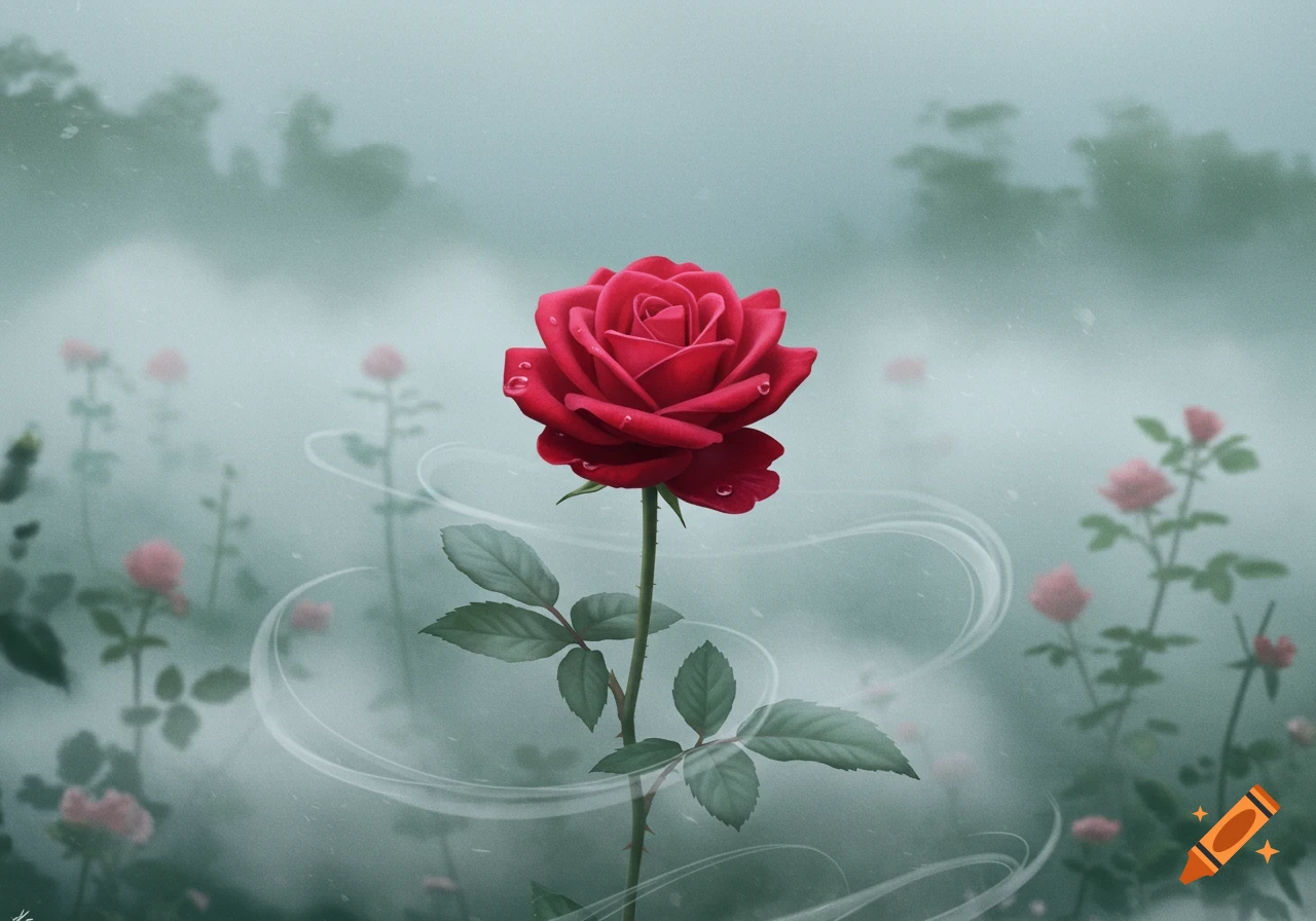 A vibrant red rose with dew drops stands prominently in a misty garden, surrounded by soft white swirls and blurred pink roses.