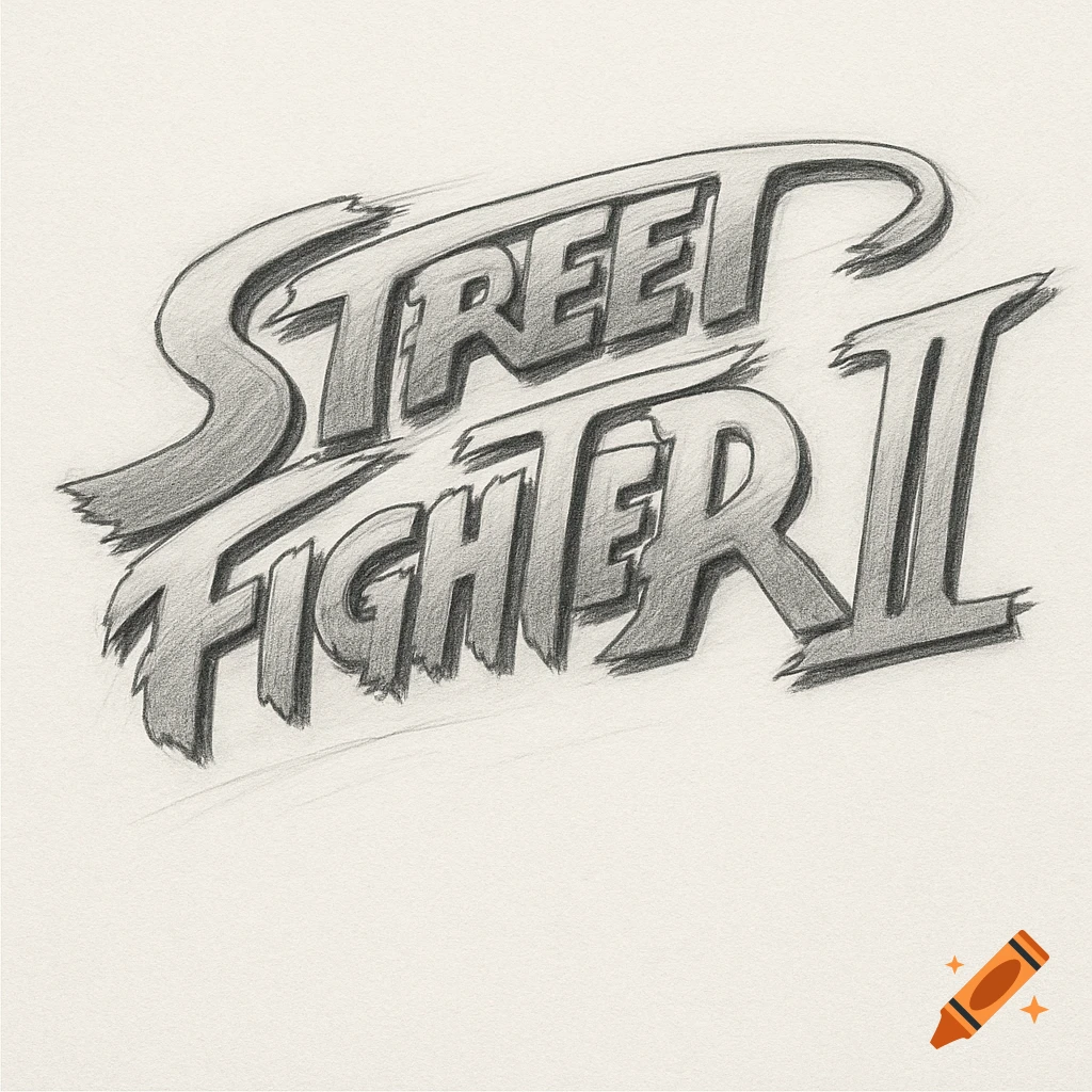 Pencil sketch of the Street Fighter II logo on a white background.