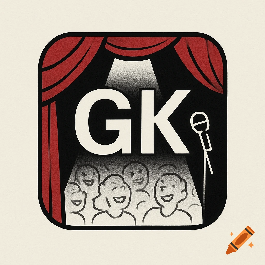 Stylized comedy logo with 'GK' in a spotlight on a stage with red curtains, a microphone, and a laughing audience.