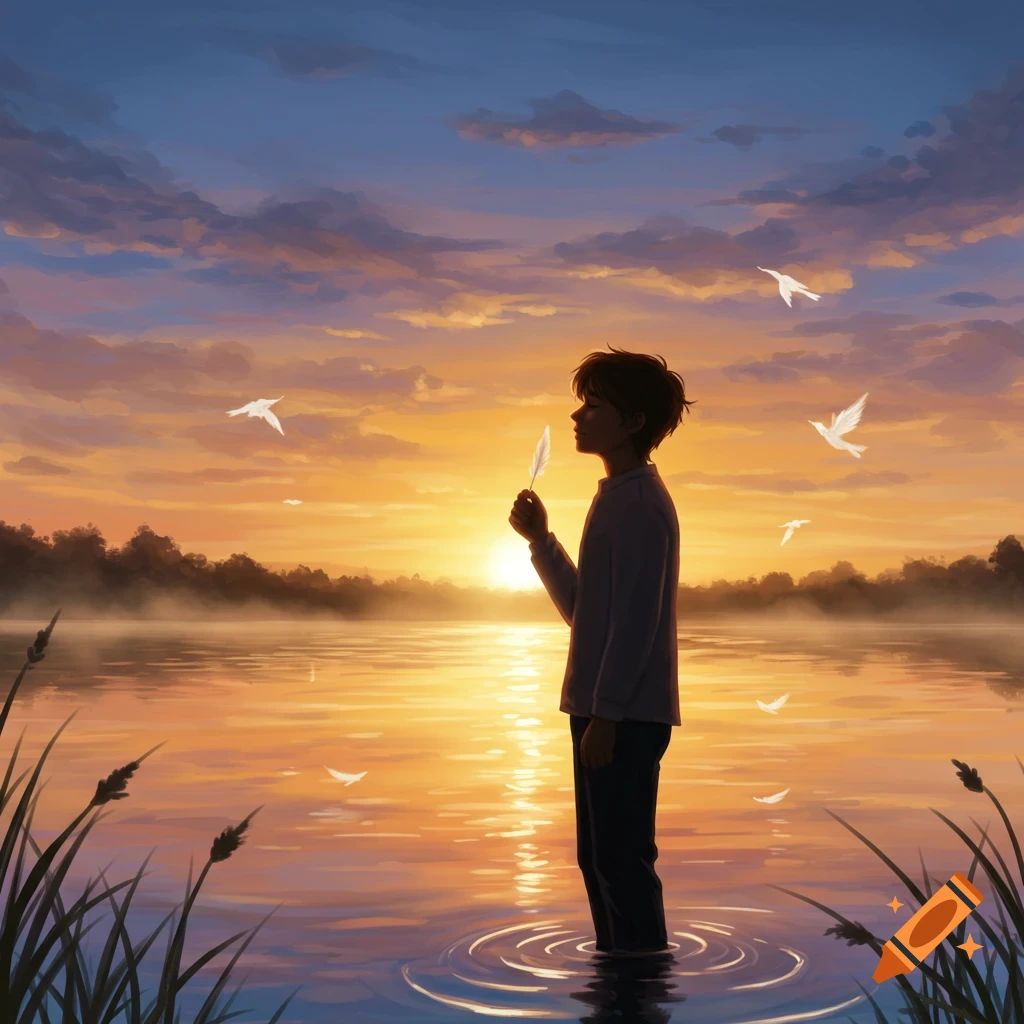 A person stands in a lake at sunset, holding a feather as birds fly overhead in a painterly style.