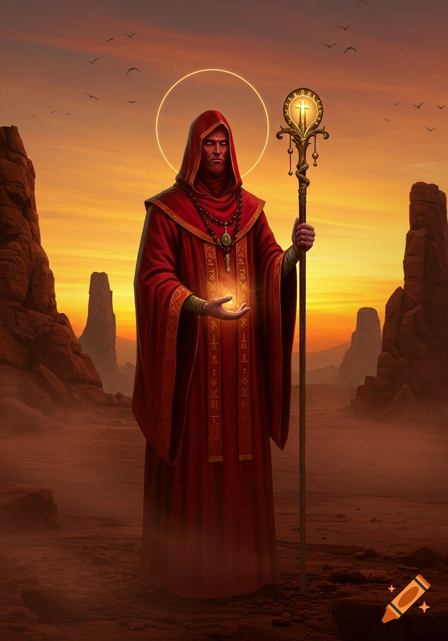 A robed red priest with a glowing staff and orb stands in a desert at sunset, a halo around his head.