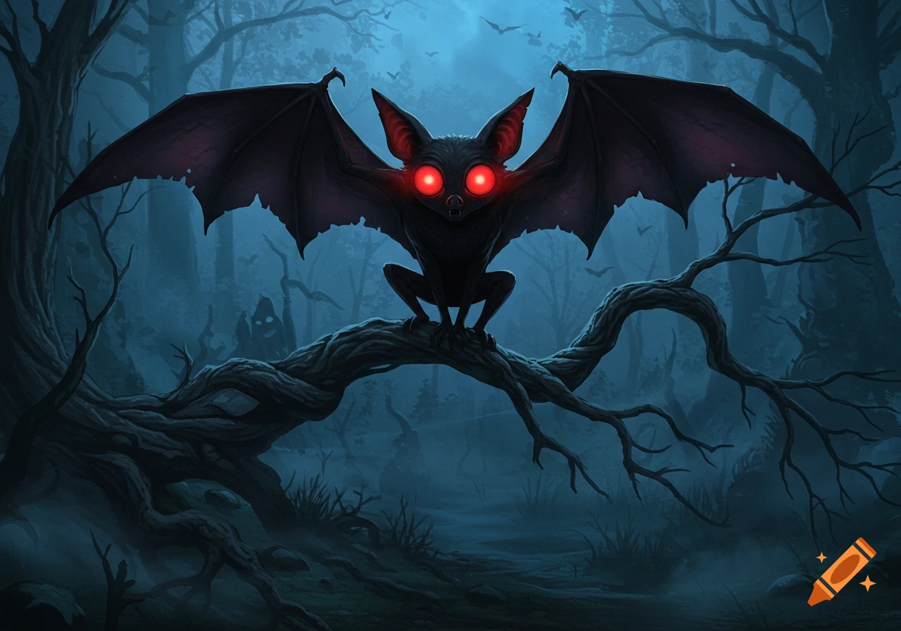 A stylized bat-like creature with glowing red eyes perches on a gnarled branch in a dark, misty forest with other bat silhouettes.