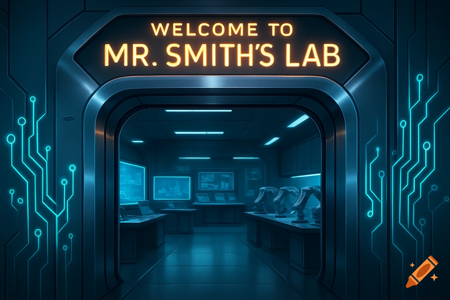 A futuristic lab entrance with a neon sign reading 'WELCOME TO MR. SMITH'S LAB' and glowing blue circuit board patterns.