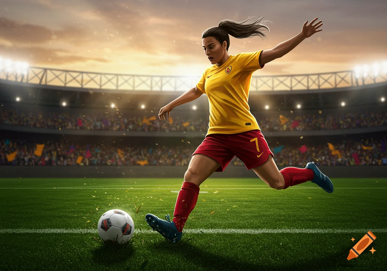 A female soccer player in a yellow and red uniform kicks a ball on a green field in a crowded stadium at sunset.