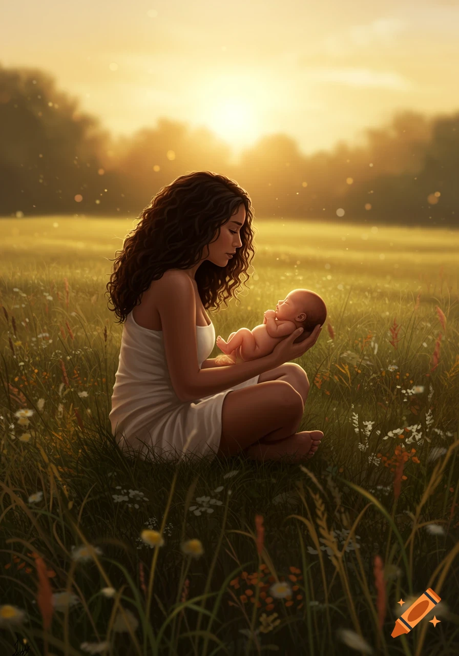 A woman with curly hair sits in a golden field at sunset, tenderly holding a newborn baby. Photorealistic style.