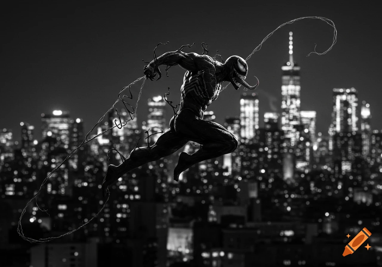 Black and white image of Venom leaping and swinging through a blurry city skyline at night.