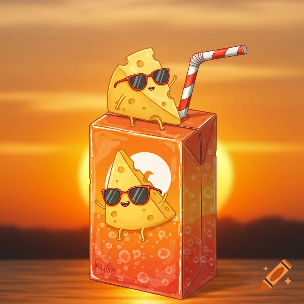 Cartoon image of two smiling cheese wedges with sunglasses on an orange juice box with a straw, against a sunset.