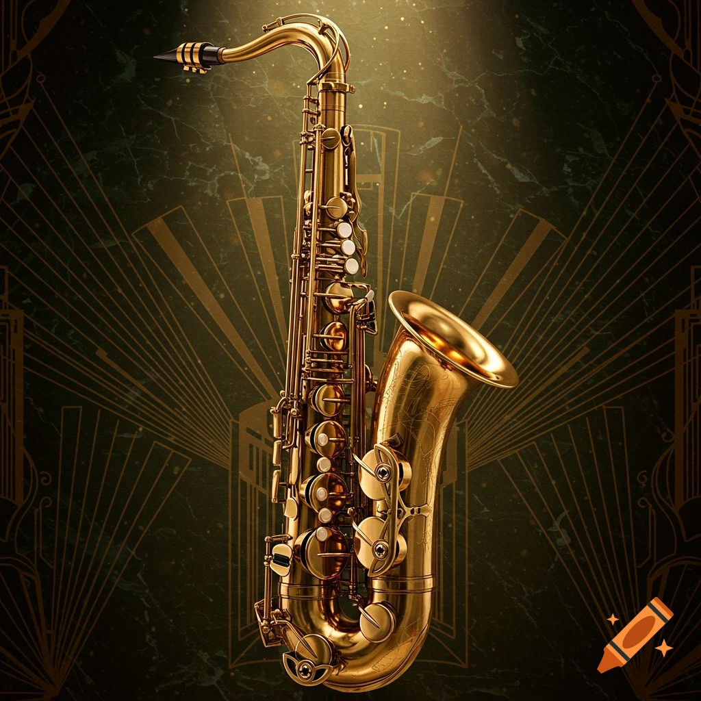 A gleaming golden saxophone stands against a dark green Art Deco background with gold geometric patterns.
