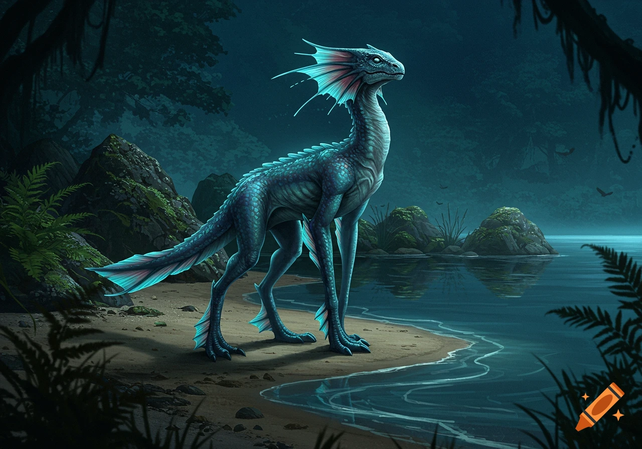 A majestic blue-green fantasy creature with fins and scales stands by a tranquil lake in a dark, moonlit forest.