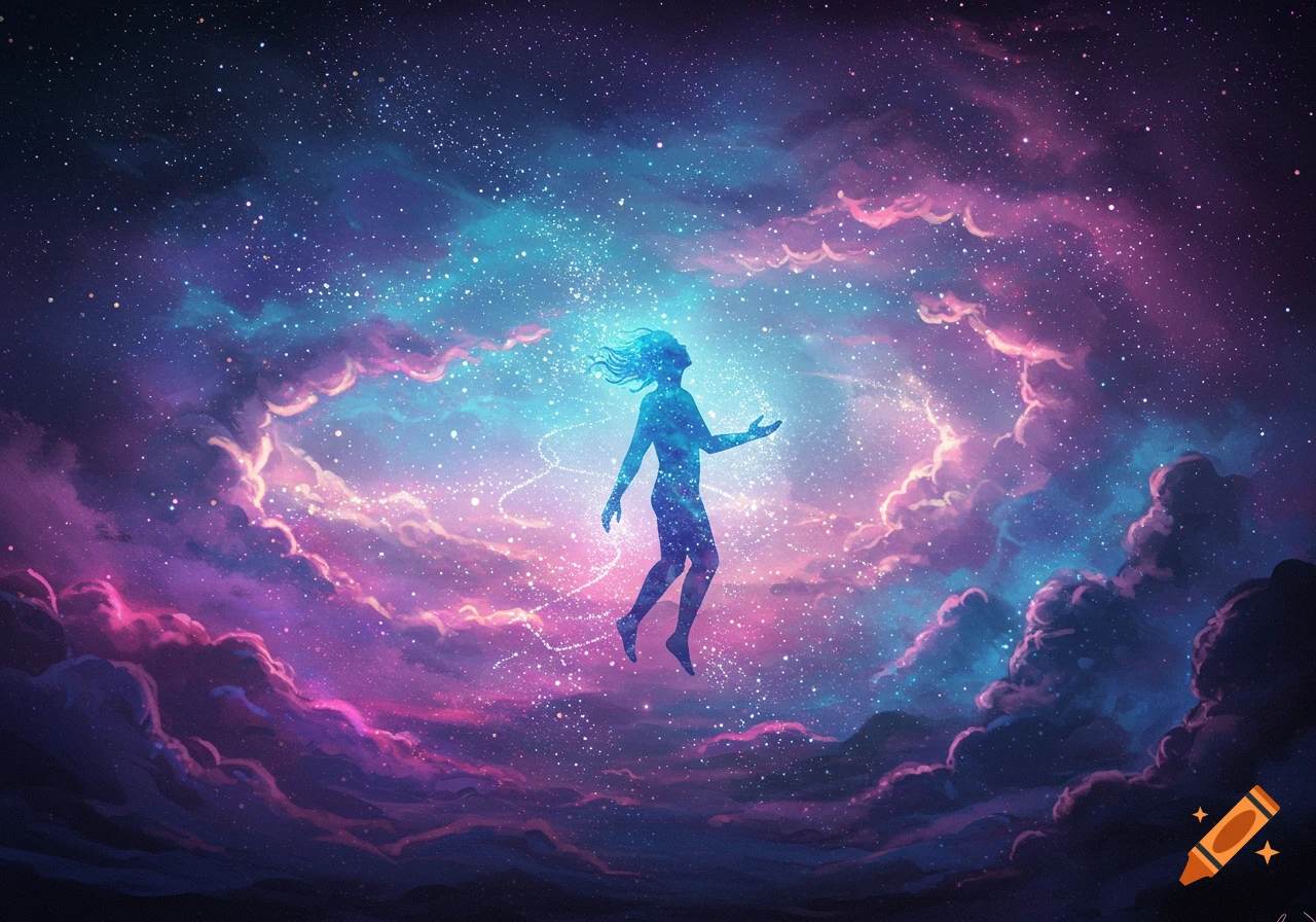 A glowing blue silhouette of a person floats amidst vibrant pink and blue cosmic clouds and stars, digital art.
