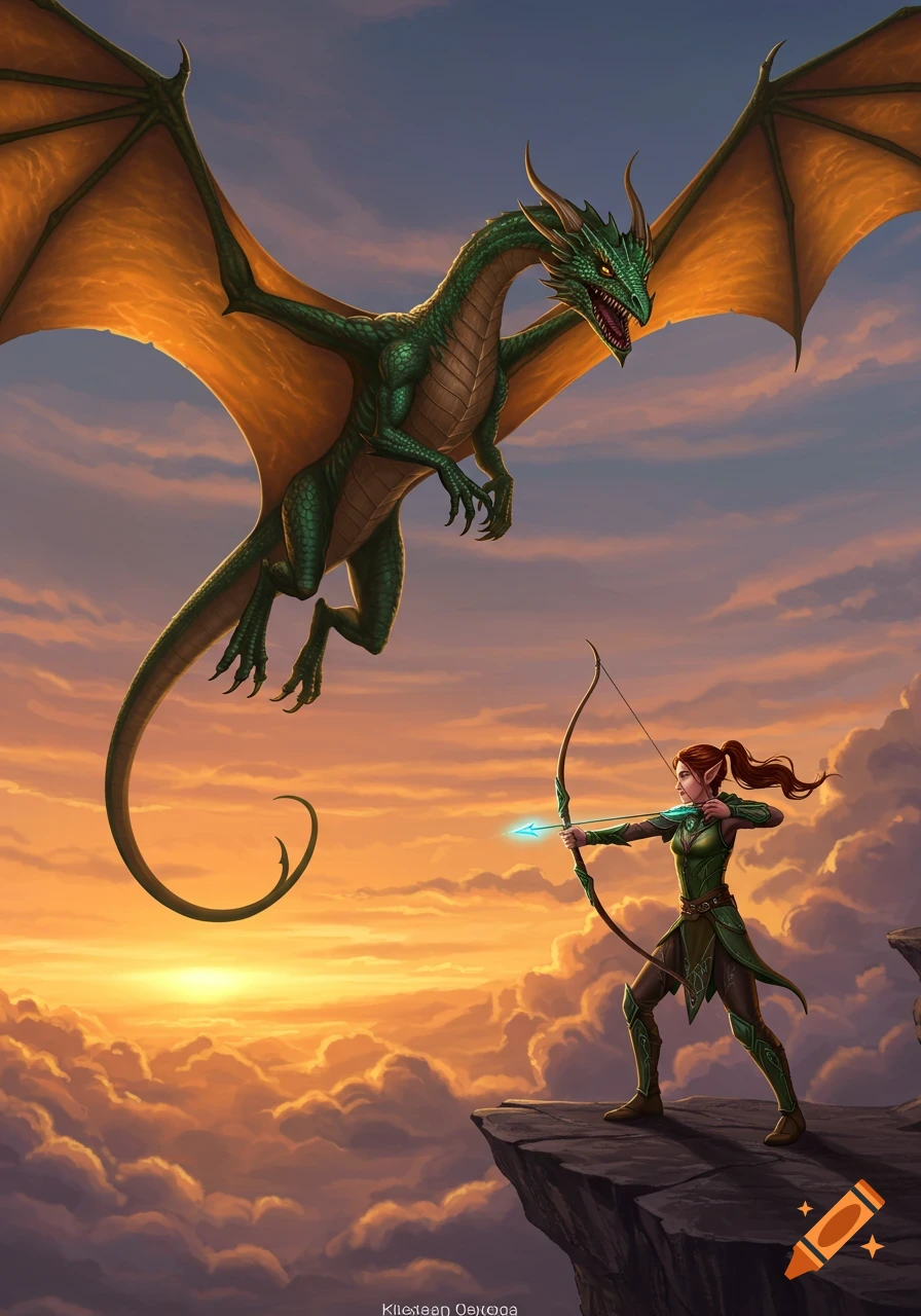 A green dragon flies above a female archer aiming a glowing arrow from a cliff overlooking clouds at sunset, fantasy art.