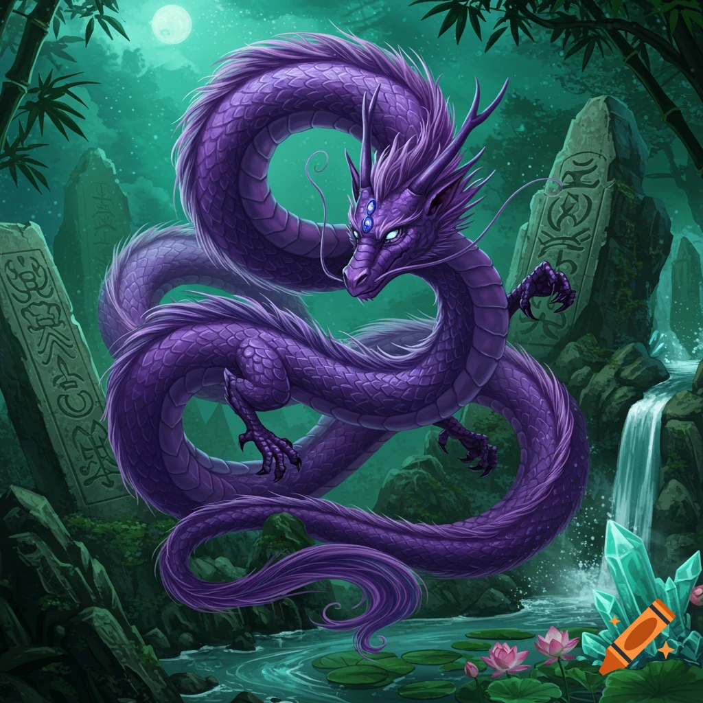 A detailed purple dragon with three blue eyes coils through a vibrant green-teal forest with waterfalls, lily pads, glowing crystals, and ancient stone tablets under a full moon.