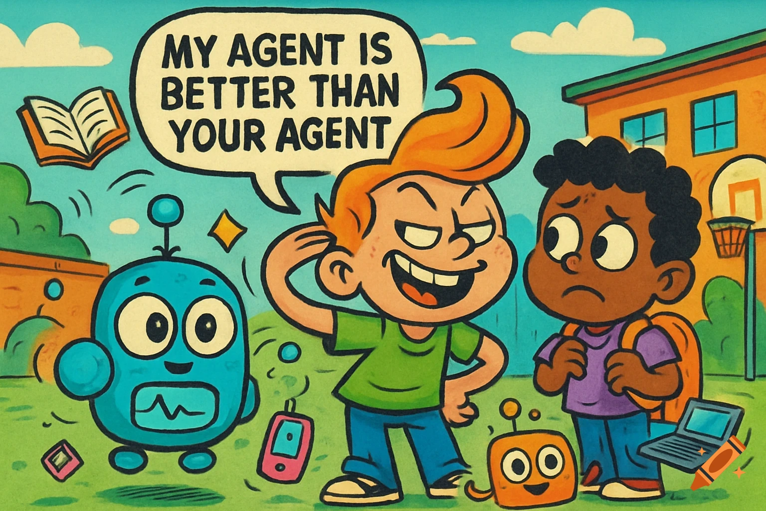 A cartoon boy with orange hair smirks, saying 'MY AGENT IS BETTER THAN YOUR AGENT' to a sad boy, surrounded by cute robots in a schoolyard, 90s Nickelodeon style.