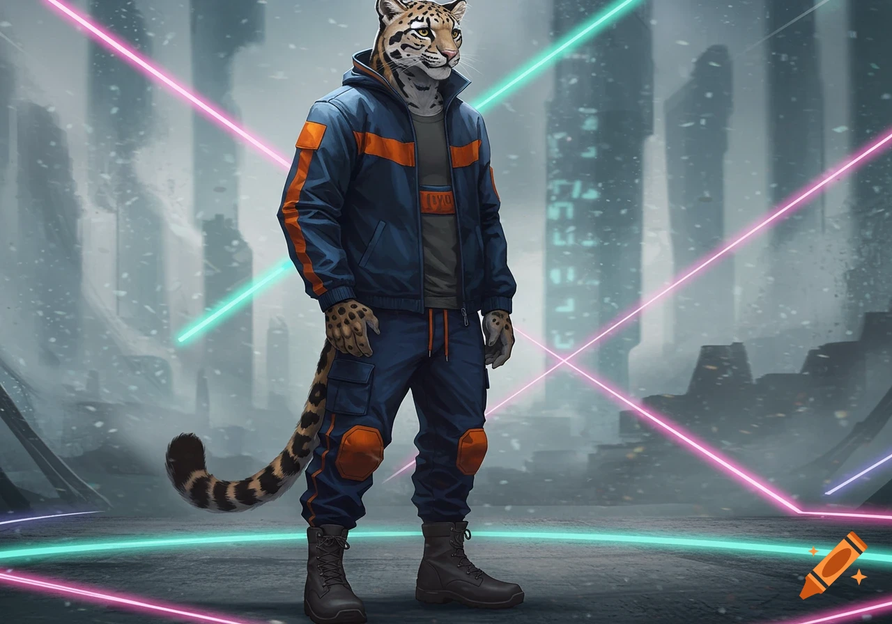 Anthro clouded leopard in a blue and orange tracksuit and military boots, standing in a futuristic city with neon lights.