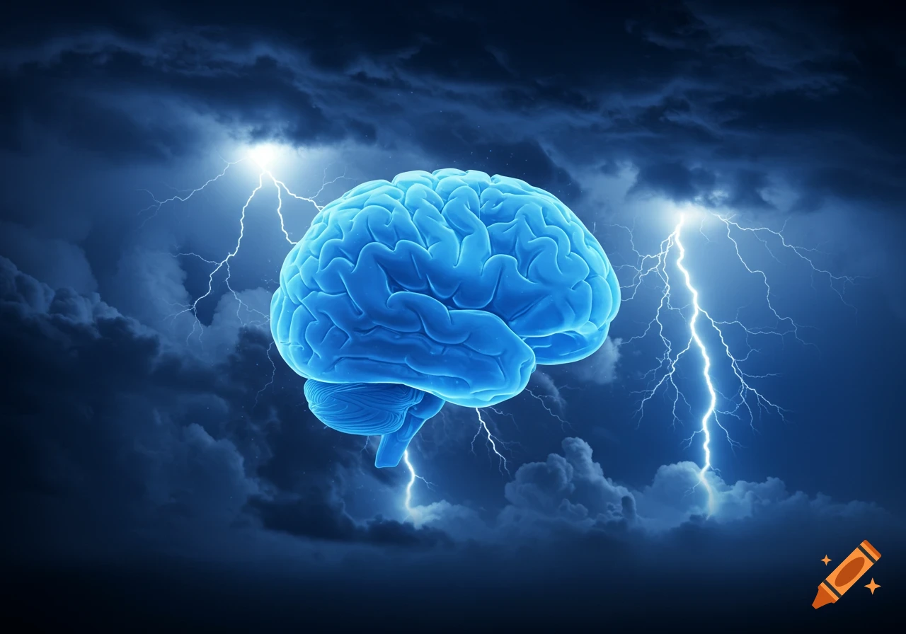 A glowing blue human brain is centered against a dark, stormy sky with bright white lightning striking behind it.