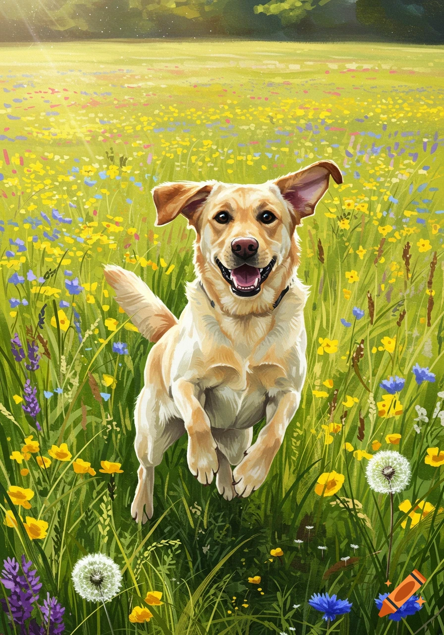 A happy golden retriever type dog jumps through a vibrant field of yellow, blue, and purple wildflowers in an illustration style.