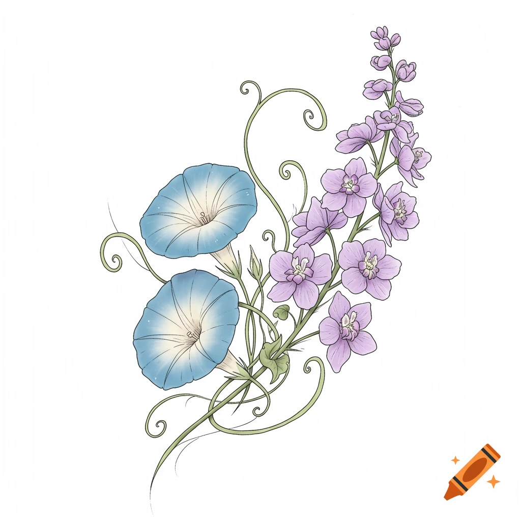 A detailed illustration of blue morning glory and purple larkspur flowers intertwined.