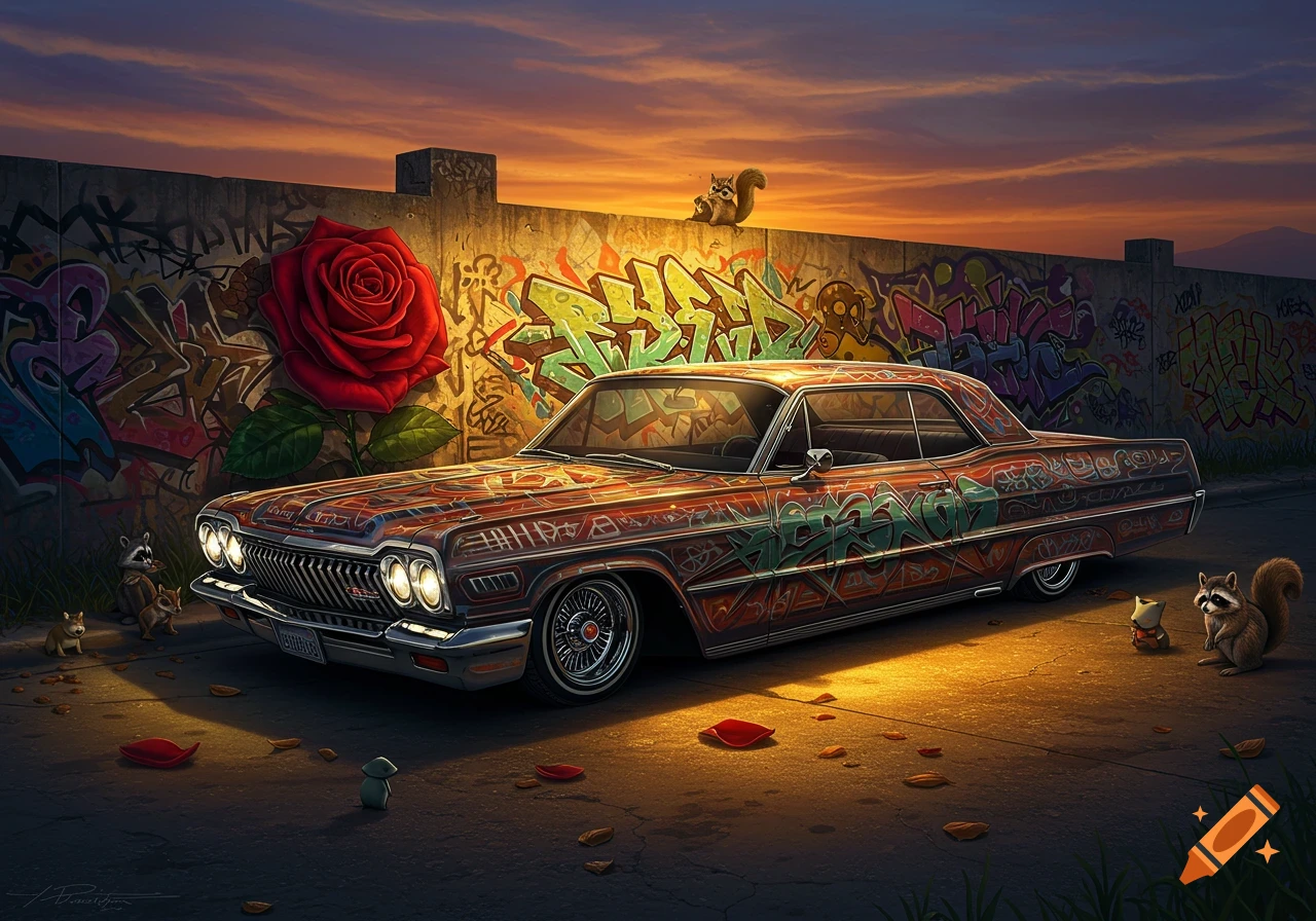 A custom lowrider car with intricate paintwork and graffiti on a wall, flanked by a large red rose and small raccoons and squirrels at sunset.