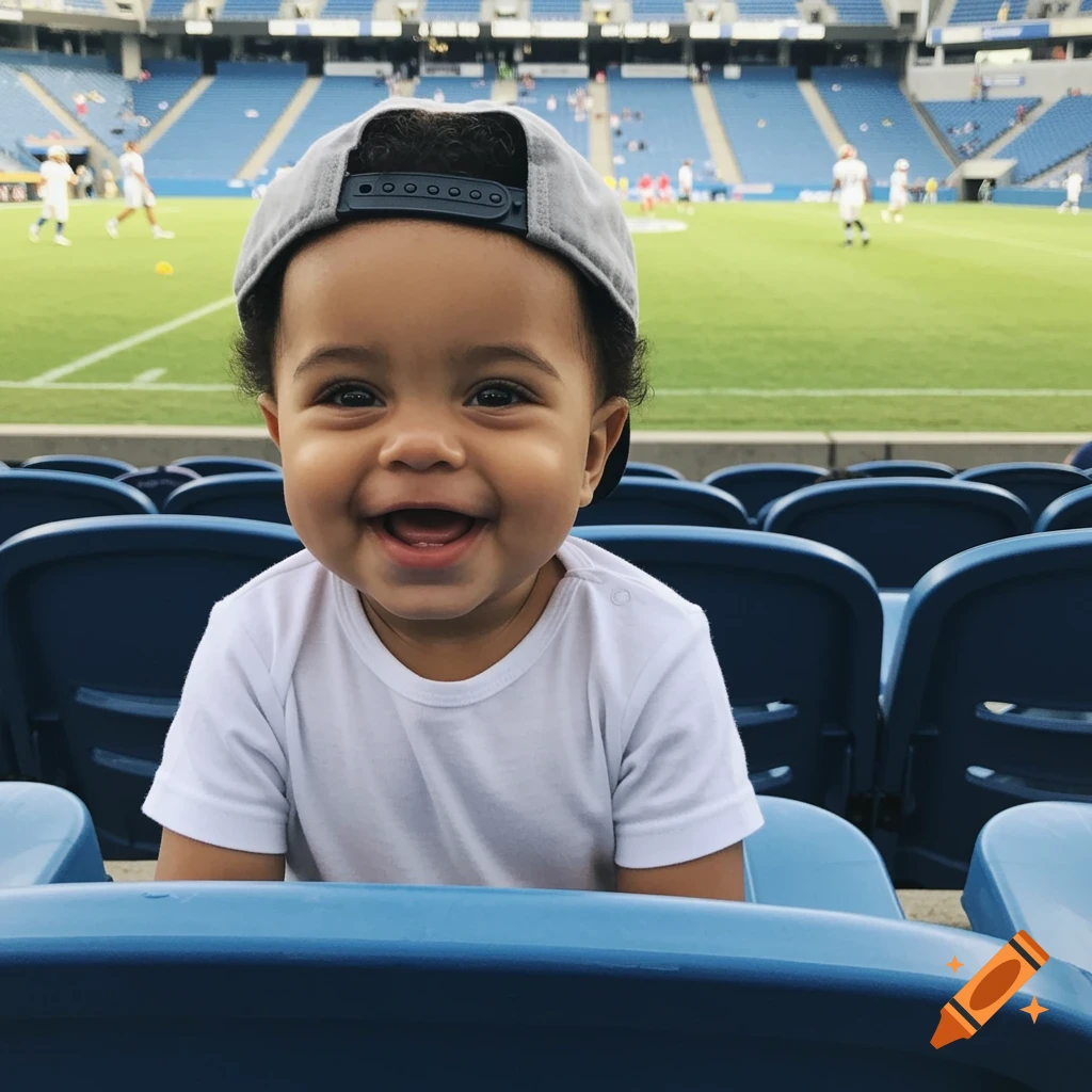 A smiling baby in a white shirt and backwards baseball cap sits in a blue stadium seat with a green field in the background.
