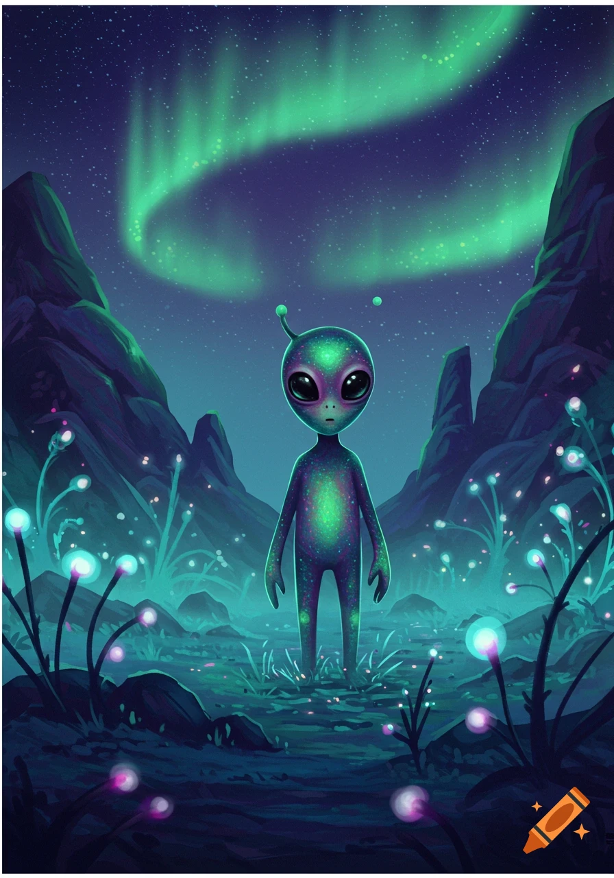 A cute green and purple alien with large black eyes stands in a vibrant alien landscape with glowing plants and a green aurora borealis in the night sky. Illustration.